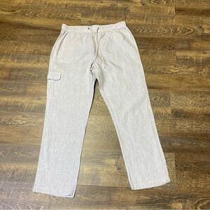 Rachel Zoe 100% Linen Cargo Pants Straight Leg Tie Waist Womens Size Large Beige